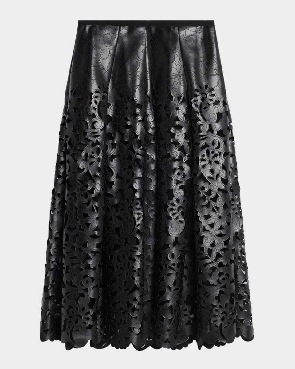 Floral Cutout Faux Leather Midi Skirt